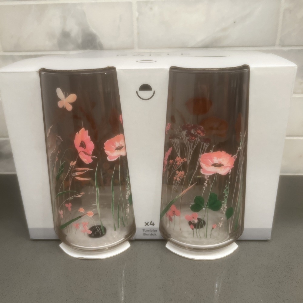 4-Piece Rakle Floral Decorated Smoked Gray Glass Tumblers, Set for 4